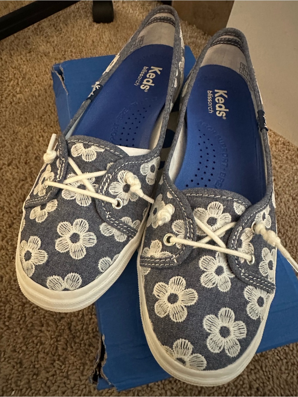 Keds Denim Floral Slip-On Sneakers- Blue and White Floral Embroidery